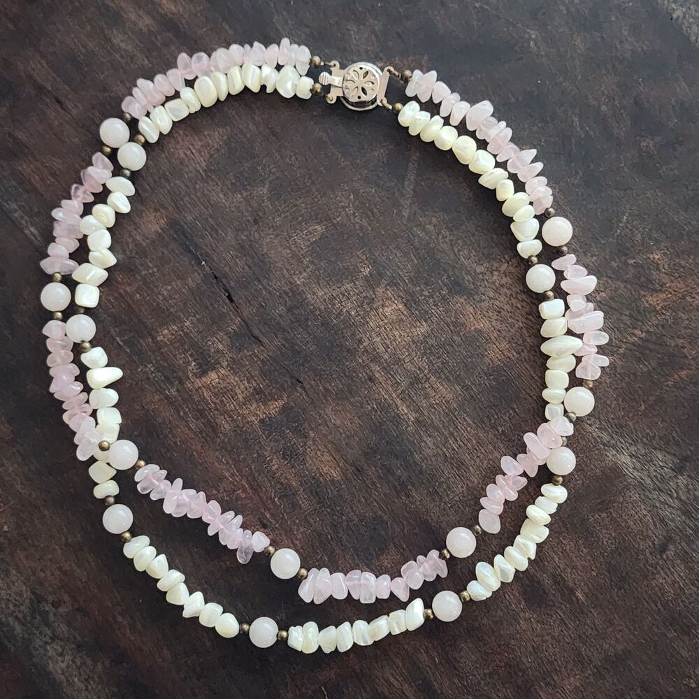 Vintage Pink Quartz & Shell 18in Necklace Hawaiian Double strand - Picture 4 of 5